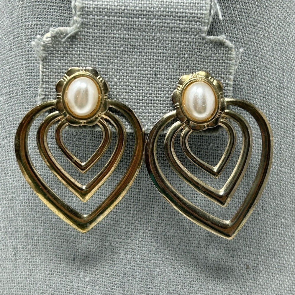 Large Statement Gold Tone Layered Open Heart Stud Earrings with Faux Pearls